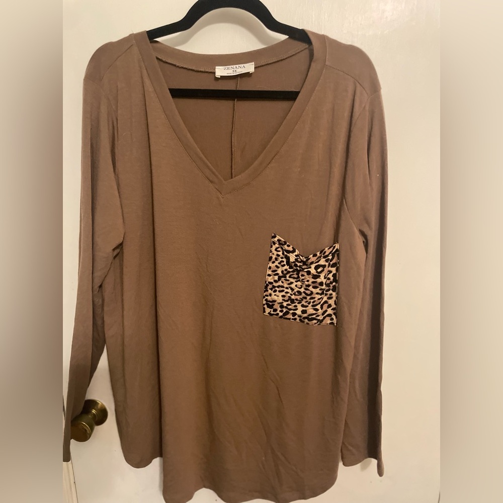 Beautiful brown top with cheetah  front pocket